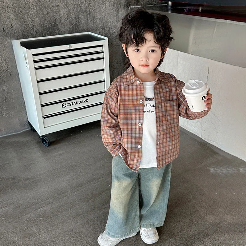 男童春秋套装2025新款洋气儿童格子衬衫三件套宝宝时髦春秋衣服潮