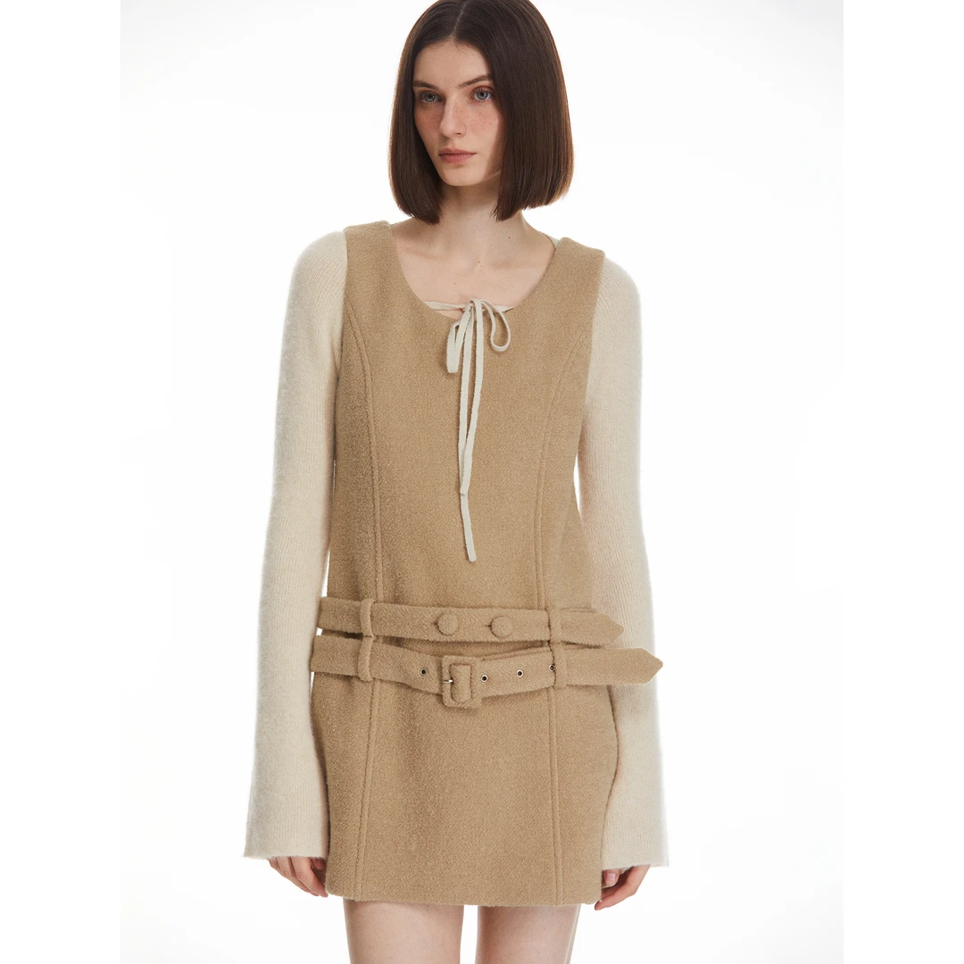 「索维格」原创小众双层腰带设计绵羊毛强缩绒毛呢短款背心连衣裙