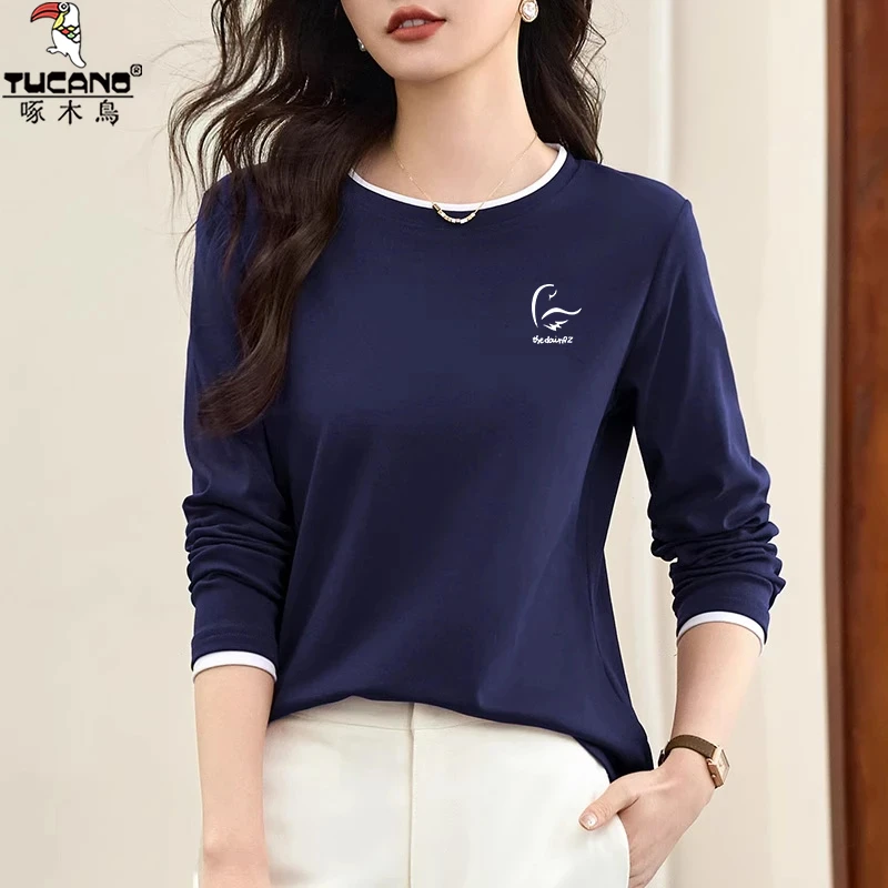 啄木鸟纯棉秋冬新款气质内搭休闲百搭打底衫女款爆款2025宽松T恤