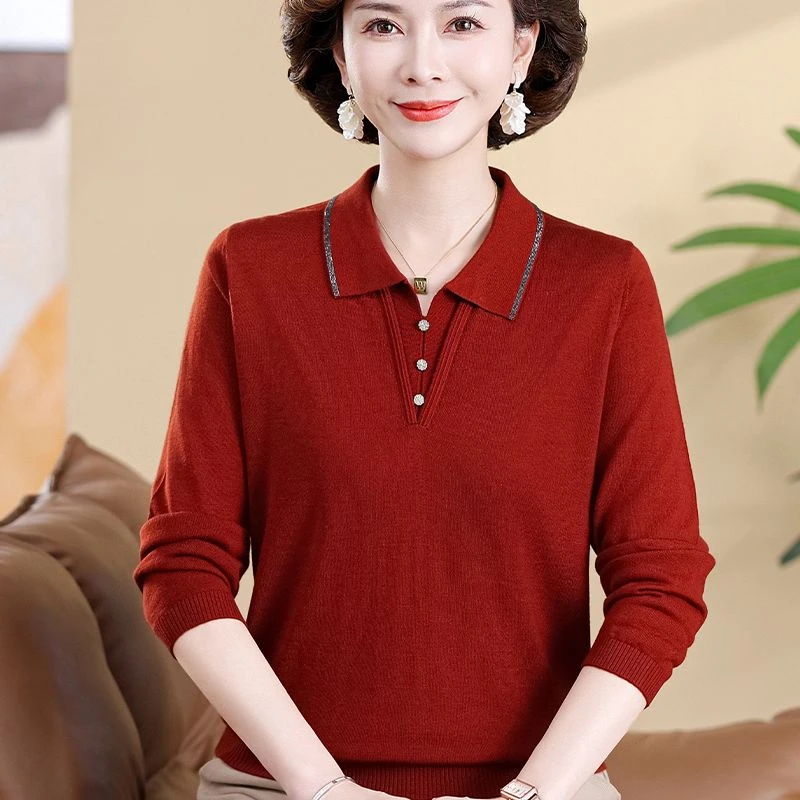 2025春秋新款冰丝针织毛衣打底衫女洋气中老年秋季翻领百搭T恤薄
