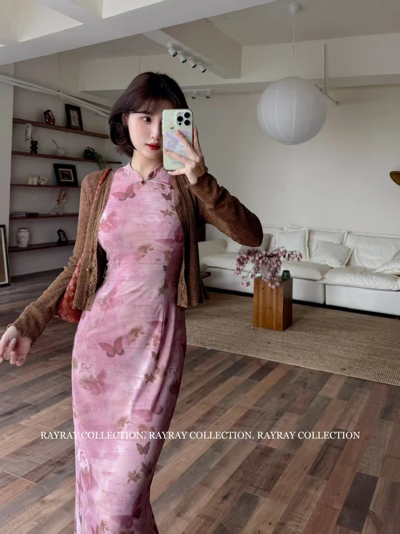蕾英俊-声声慢-秋季新款新中式复古粉色网布蝴蝶旗袍裙-JF6518