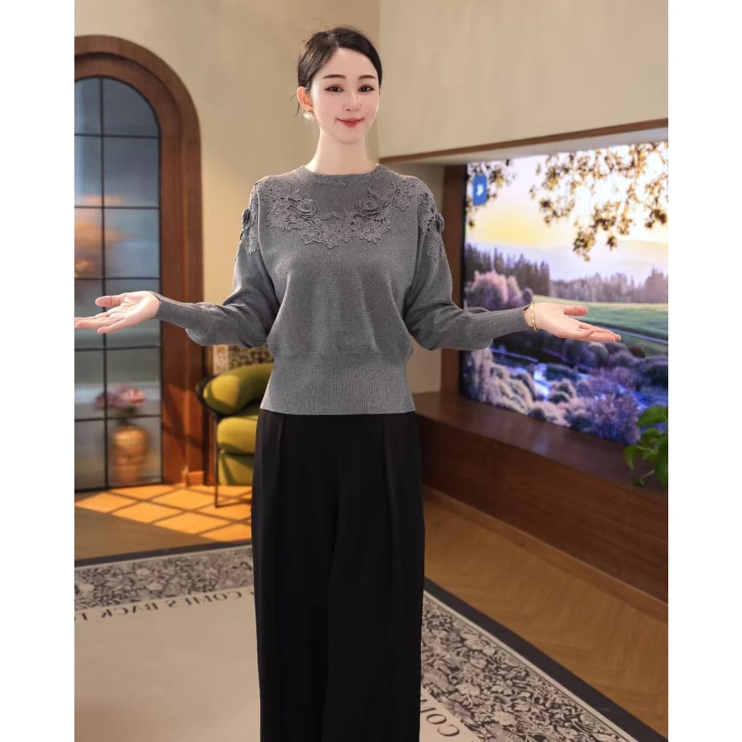 2025秋冬新款【QQ-1228JR】含绵羊毛长袖灰色针织打底套头毛衣女