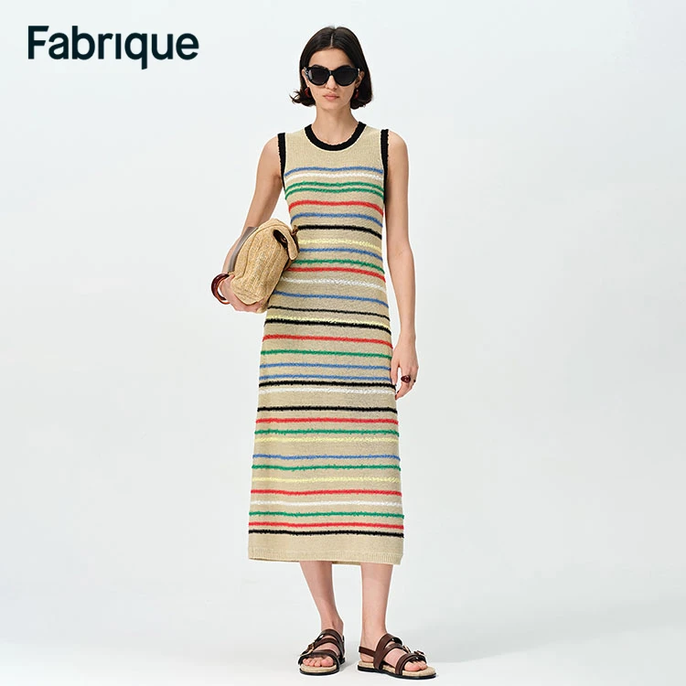 Fabrique Nora 春夏新款彩虹条纹趣味肌理棉麻针织圆领无袖连衣裙