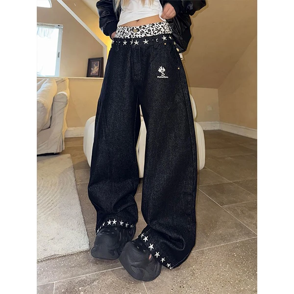 美式复古宽松慵懒松弛感翻边裤脚牛仔裤子女辣妹撞色双腰头拖地裤