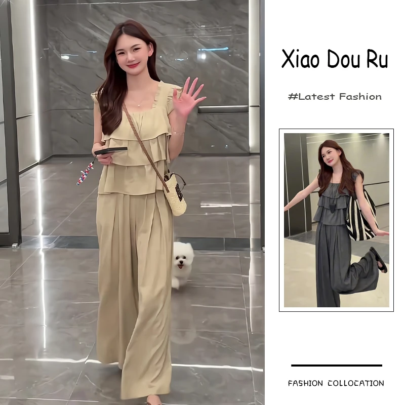夏季流行穿搭一整套新款2025韩系温柔甜美木耳边上衣阔腿裤两件套