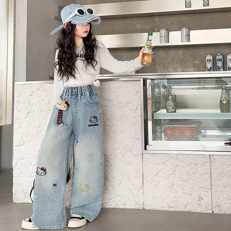 【配饰品】女童KT猫绣花牛仔阔腿裤春夏款儿童薄款女大童阔腿裤女孩