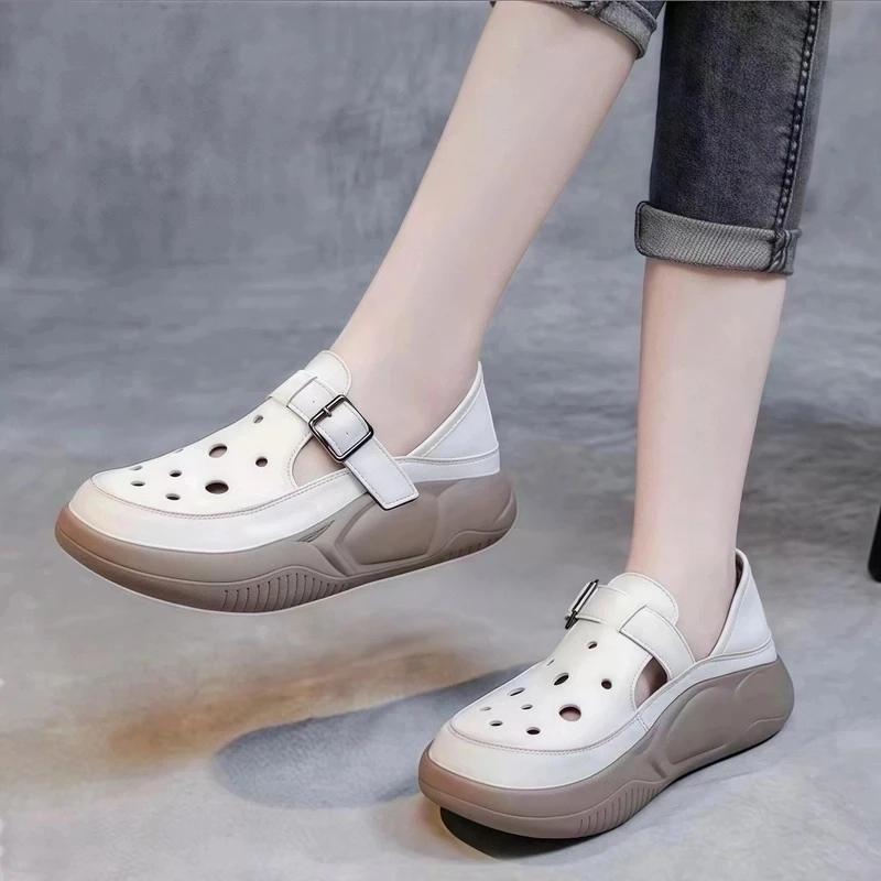 【真皮撤柜】女鞋洞洞鞋圆头松糕跟低帮女包头复古单鞋平跟软底休闲