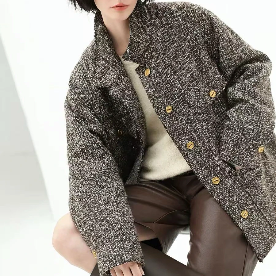 秋冬新款静奢风珠片花纱毛呢外套立领短款廓形小香风西装2616