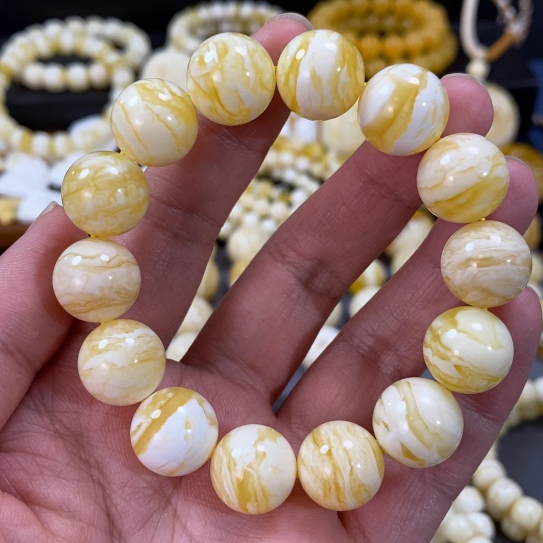 蜜蜡手串未镶嵌虎皮千层圆珠手串14mm+