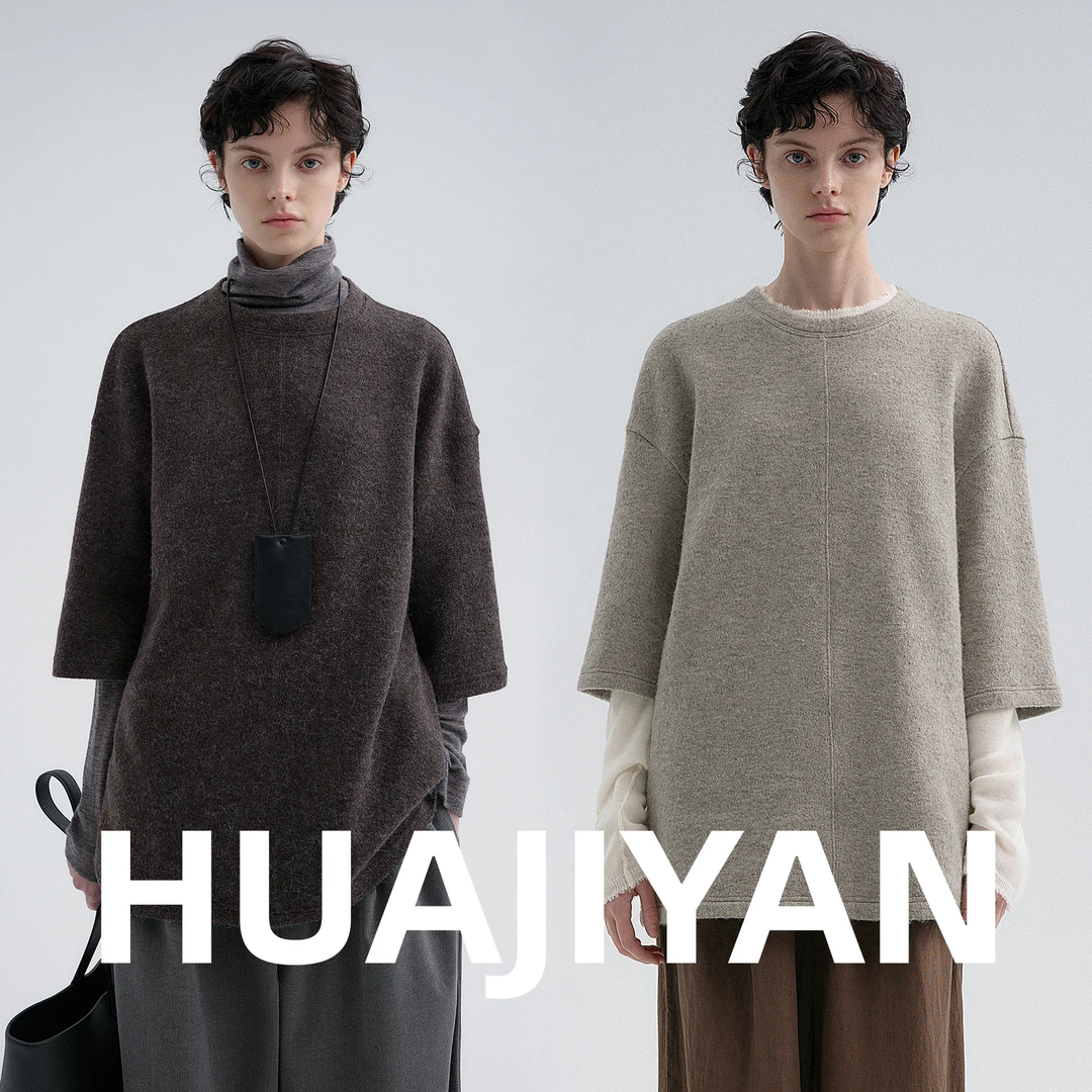 华吉言/HUAJIYAN【麦片T】绒感花纱中线分割设计百搭圆领七分袖上衣