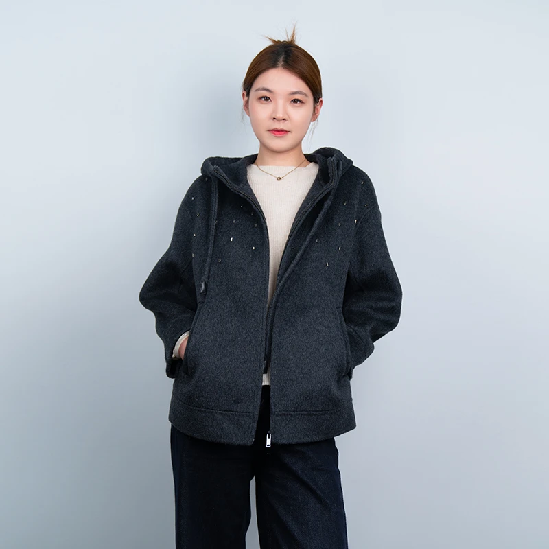 2025秋冬手工时髦钉钻廓形连帽拉链双面呢羊毛大衣卫衣女外套