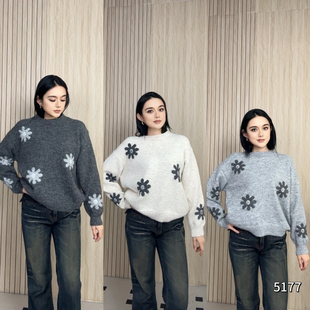 复古花朵圆领套头毛衣女秋冬慵懒风针织衫宽松显瘦上衣YF5177