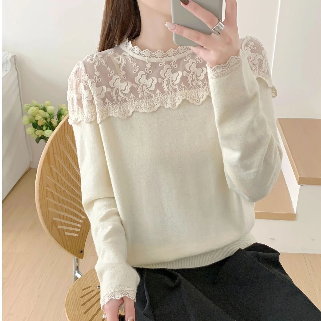 张金家百搭气质减龄女人味秋冬上衣羊毛衫拼蕾丝毛衣