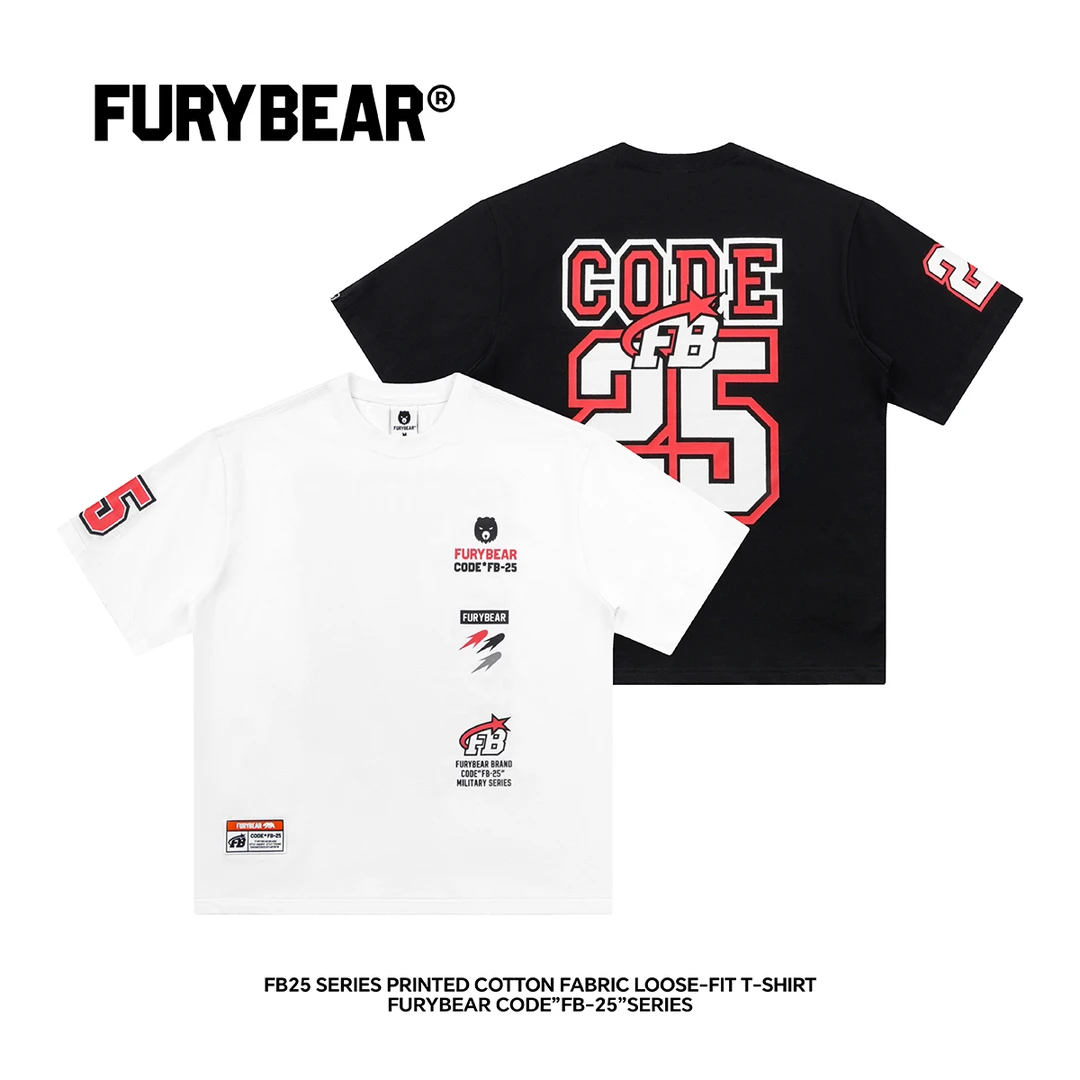 FURYBEAR熊怒FB25系列印花白黑棉质运动小领口宽松圆领短袖T恤