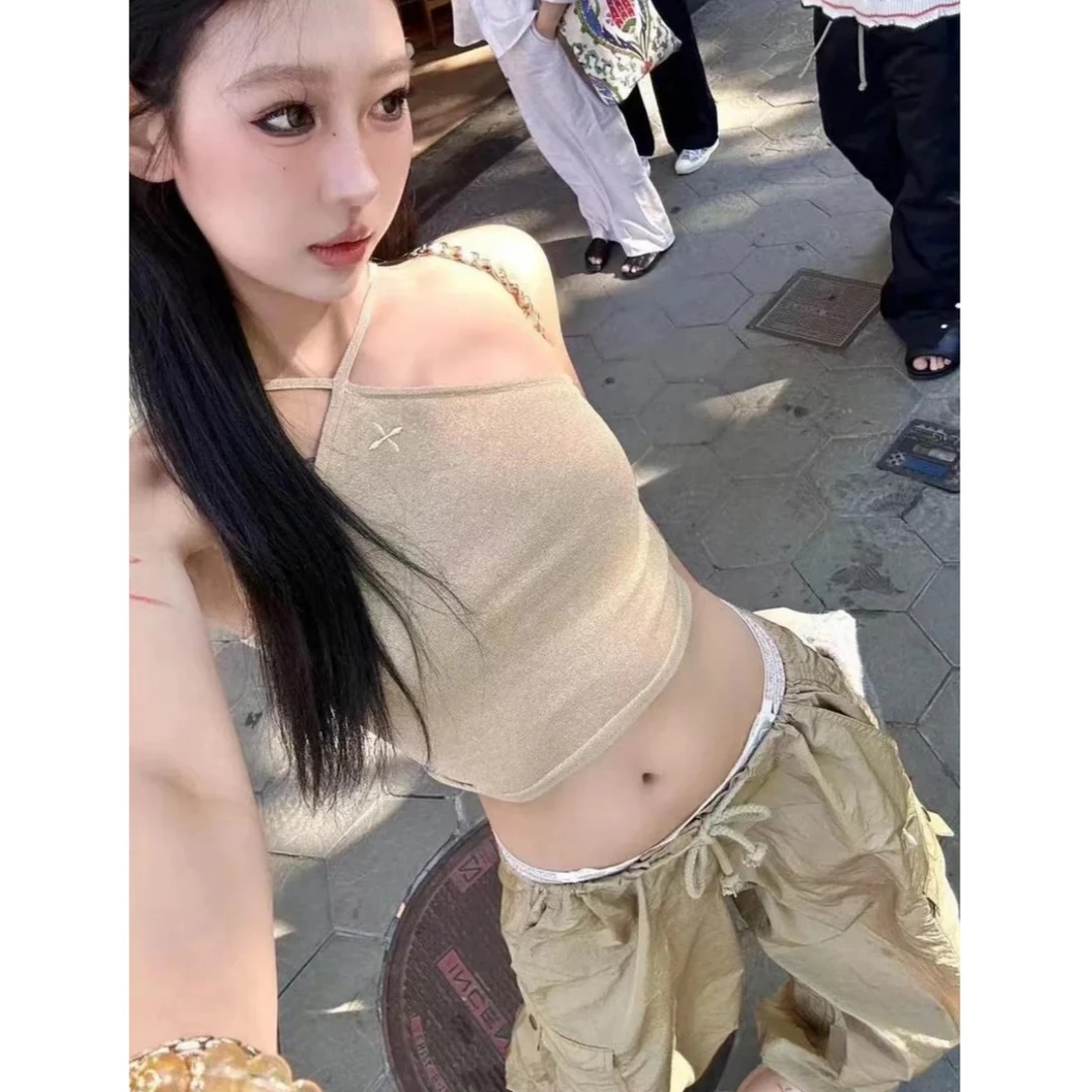 针织吊带交叉背心金沙色