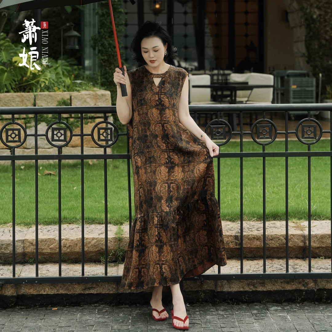 萧娘【步步生花】纱罗红云纱连衣裙圆领无袖背心裙新中式长裙5520