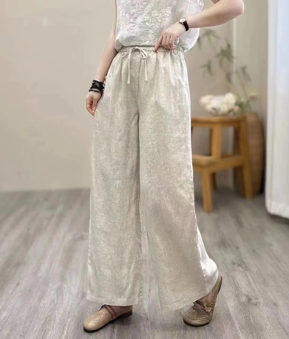 麻天下原创2025春夏季纯亚麻松紧腰宽松高腰文艺女装透气长裤