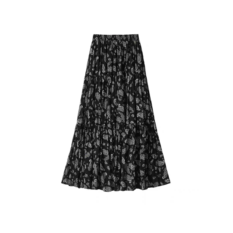 9068法式浪漫复古风印花长裙气质高腰遮胯显瘦A字裙女