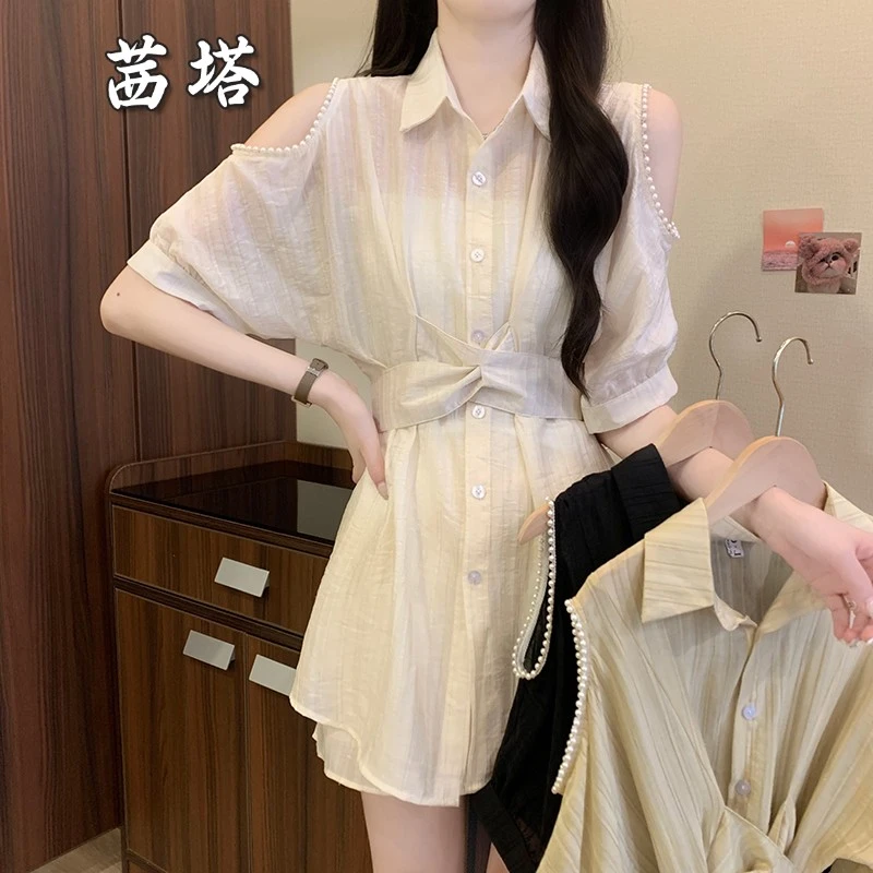 大码女装2025夏季新款胖mm气质收腰显瘦露肩衬衫上衣短裤两件套装