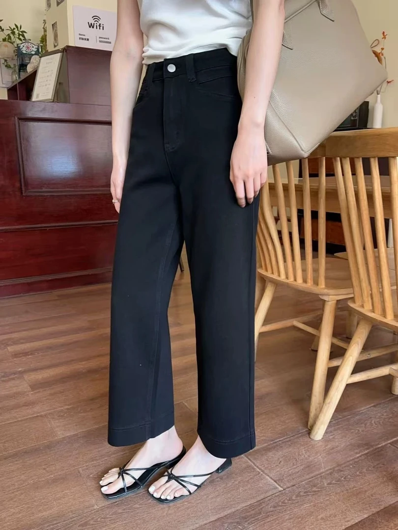 1535-韩版高腰显瘦九分直筒牛仔裤女2025夏季新款弹力阔腿裤