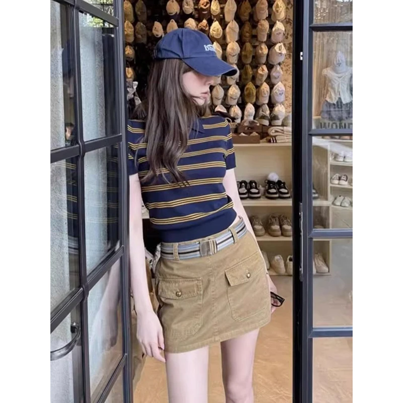 韩系学院风polo领短袖针织衫女夏季独特超好看修身显瘦条纹短上衣