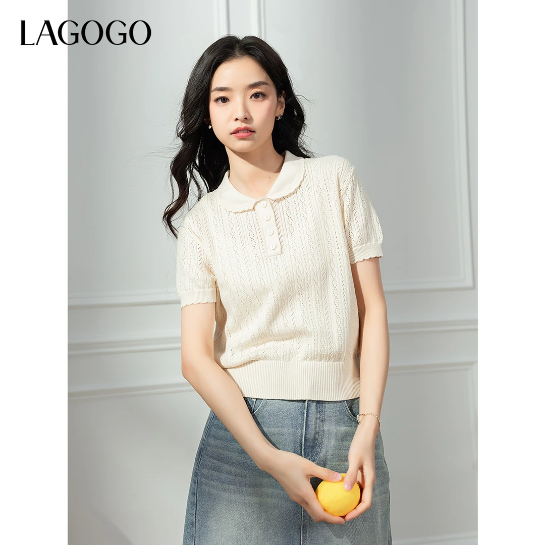 lagogo2025年新款元气娃娃领全棉针织衫女OAMM233G35
