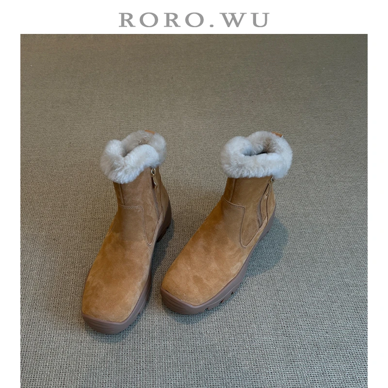 娆娆吴·磨砂羊皮简约百搭加绒保暖短靴冬季新款圆头雪地靴女Y13