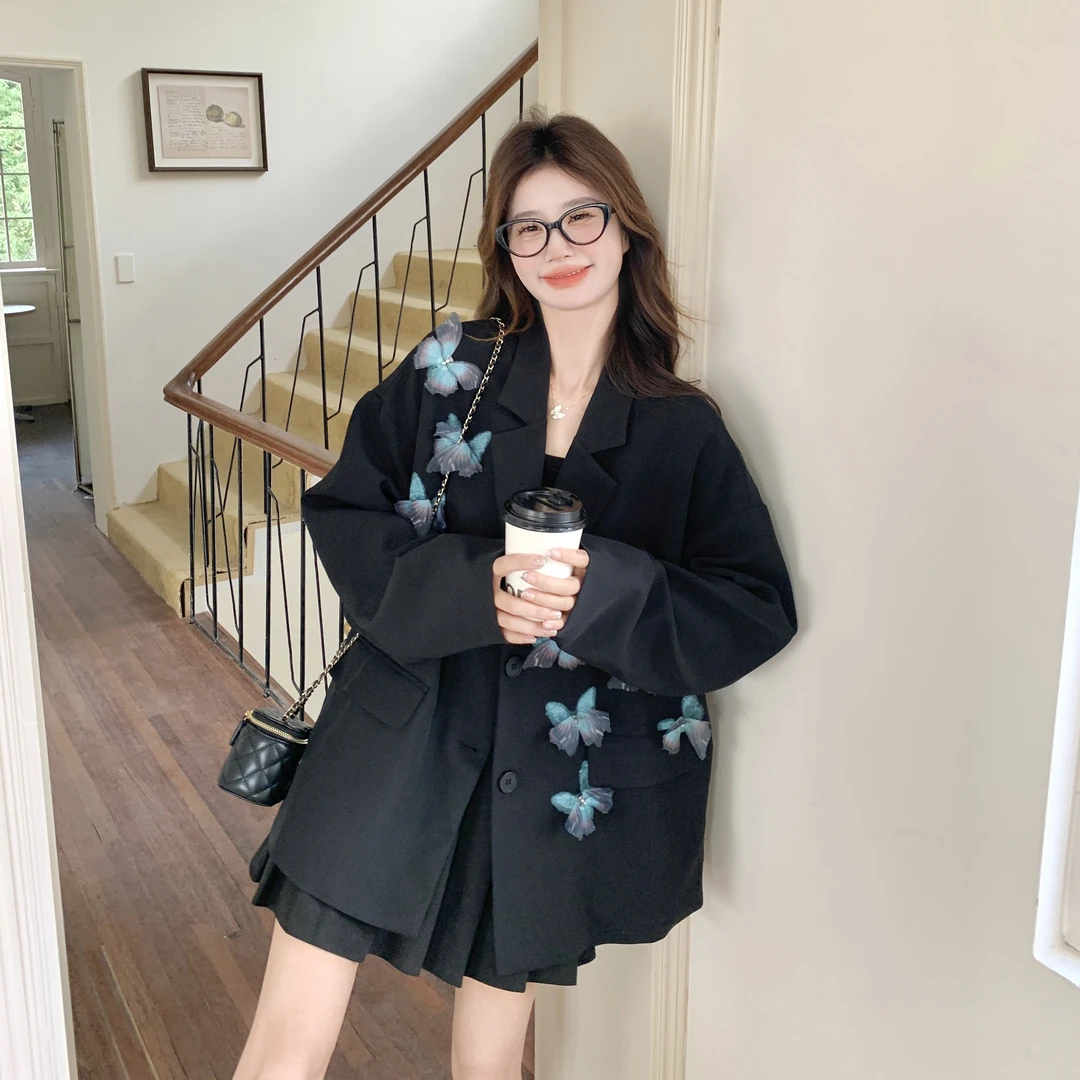 黑色独特超洋气立体蝴蝶西装外套女2025春新款韩版高级感宽松西服