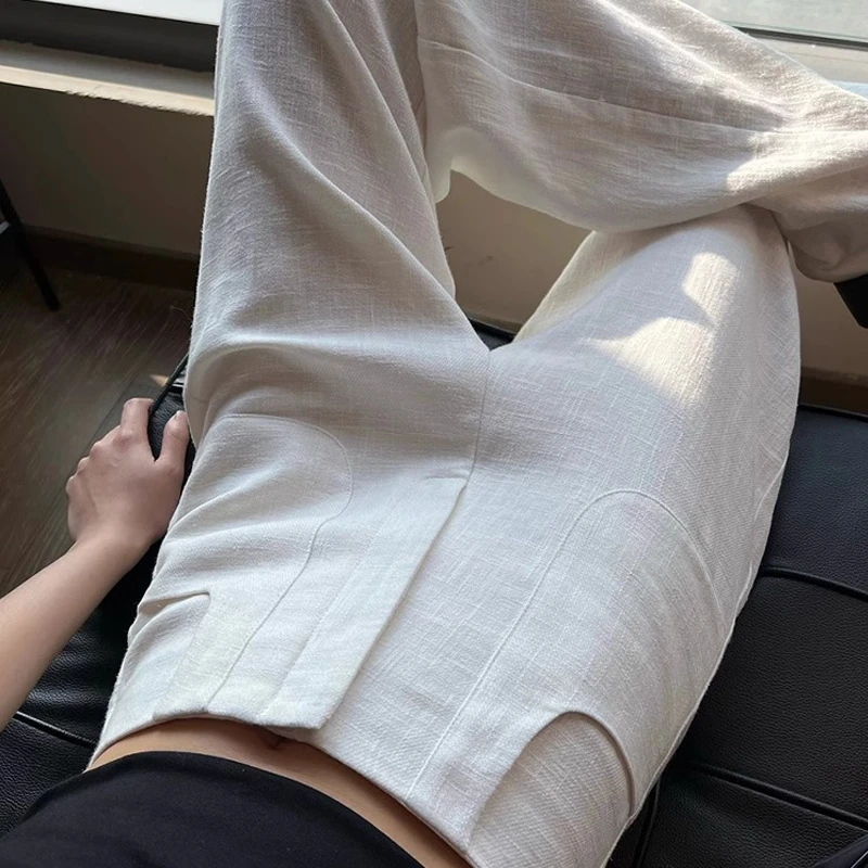 白色亚麻苎麻阔腿裤女夏季薄款高腰垂感老钱风西装直筒棉麻休闲裤