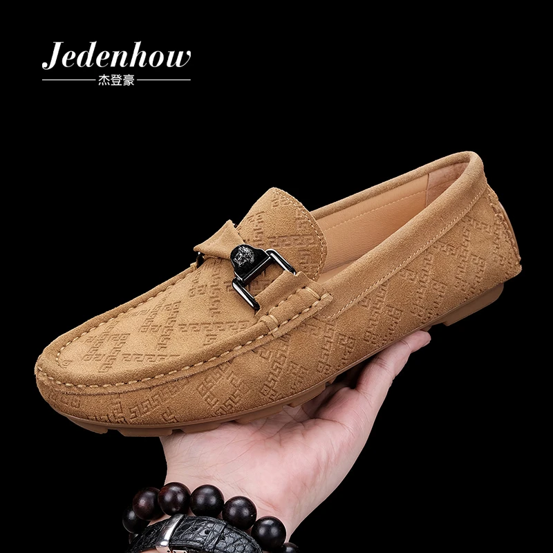 jedenhow/杰登豪高档反绒皮豆豆鞋男英伦时尚压花百搭乐福鞋真皮