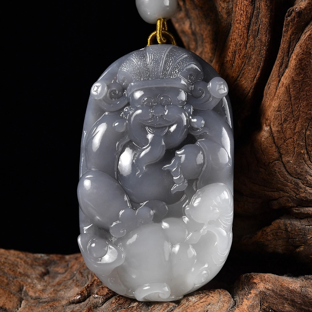 天然和田玉烟紫色人财爷吊坠