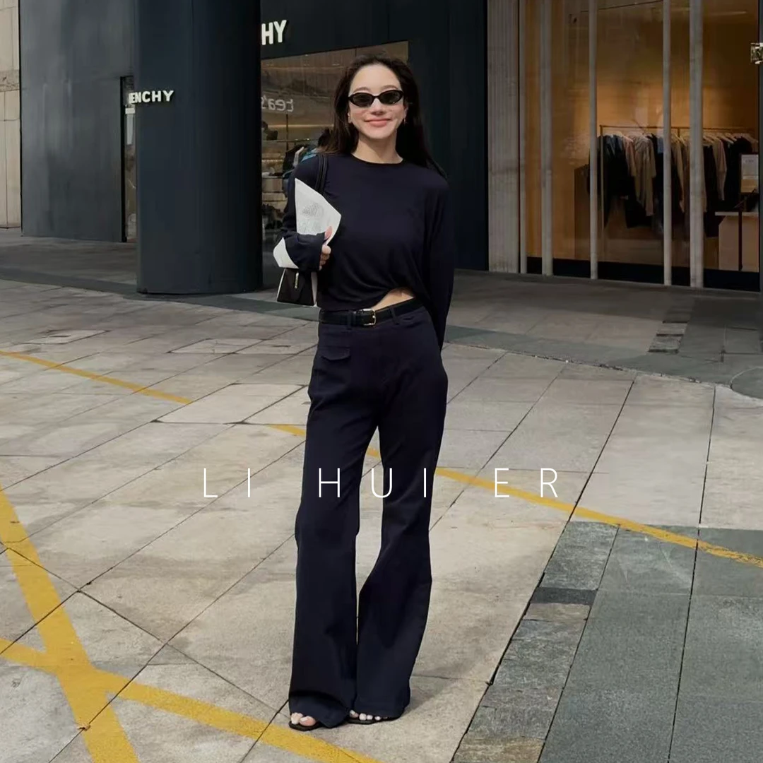 LiHuiEr李慧儿【凛川】2025显瘦高级设计女藏青色长袖上衣YC-664