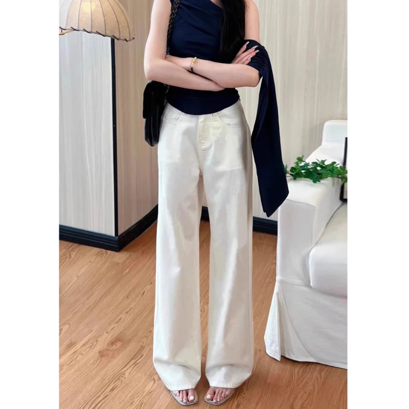 TG夏天白色牛仔裤女窄版阔腿裤直筒牛仔小个子显瘦高腰宽松拖地裤