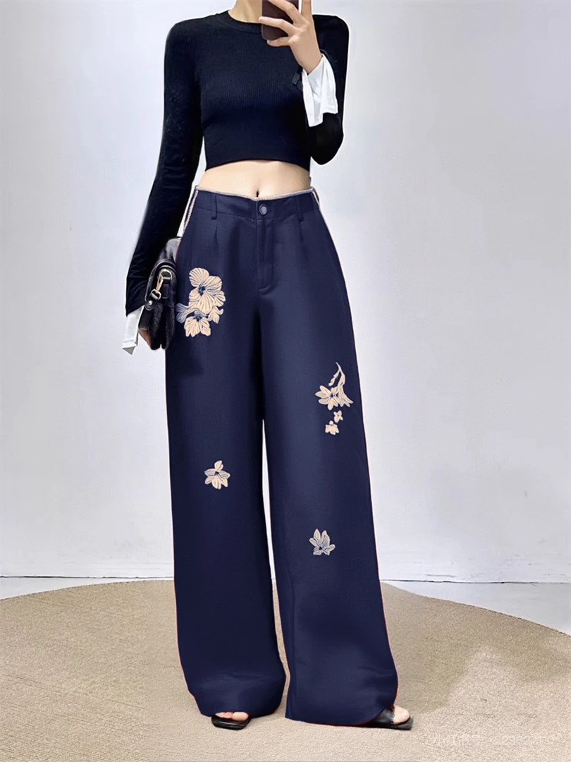 【古梵孜】2428原创高腰大牌夏姿风百搭混纺刺绣阔腿裤夏季长裤宽松