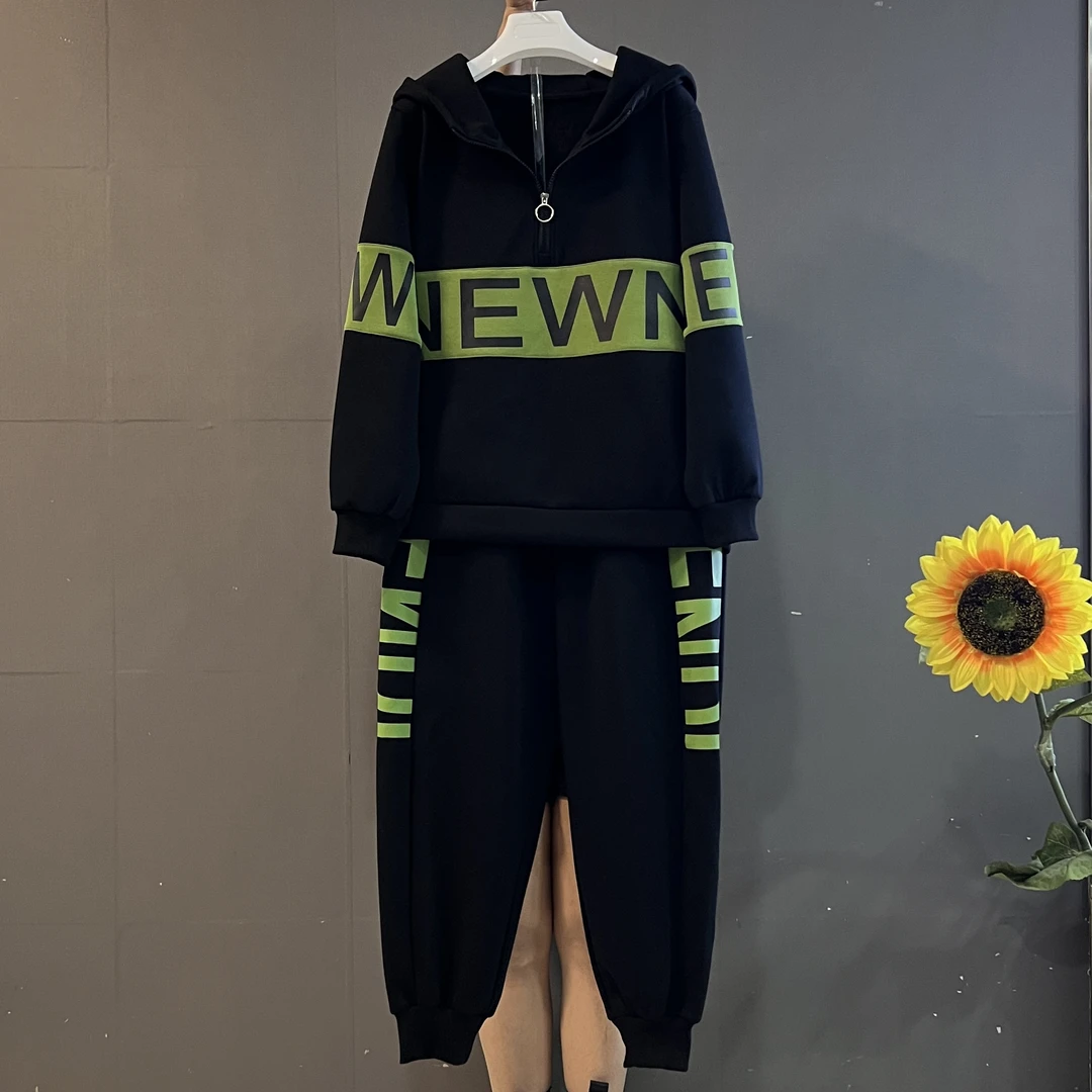 秋冬新款韩版时尚休闲连帽卫衣➕哈伦裤加绒加厚套装