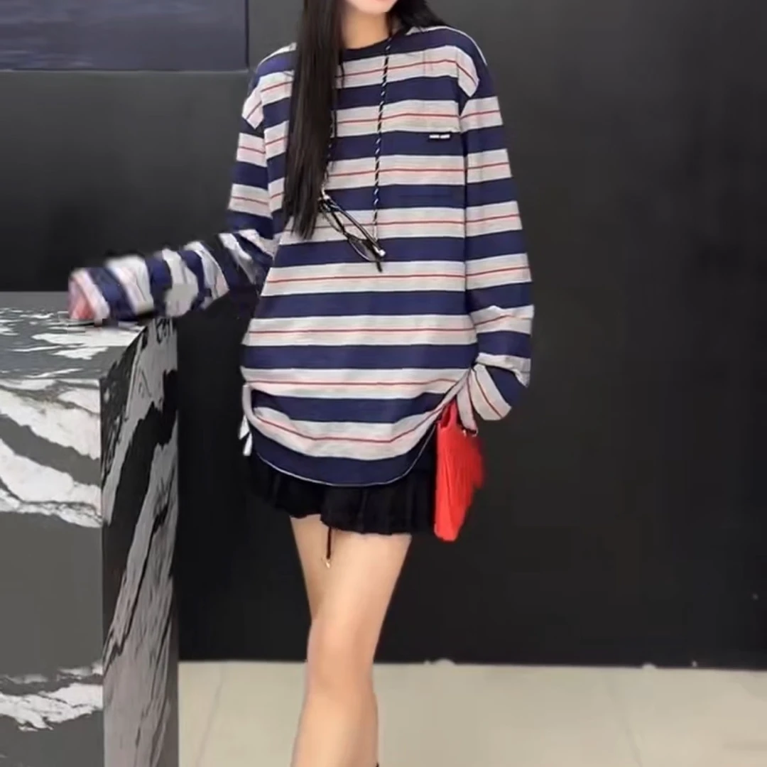奇奇家时尚韩版大码2025秋季新款休闲百搭拼色中长款条纹T