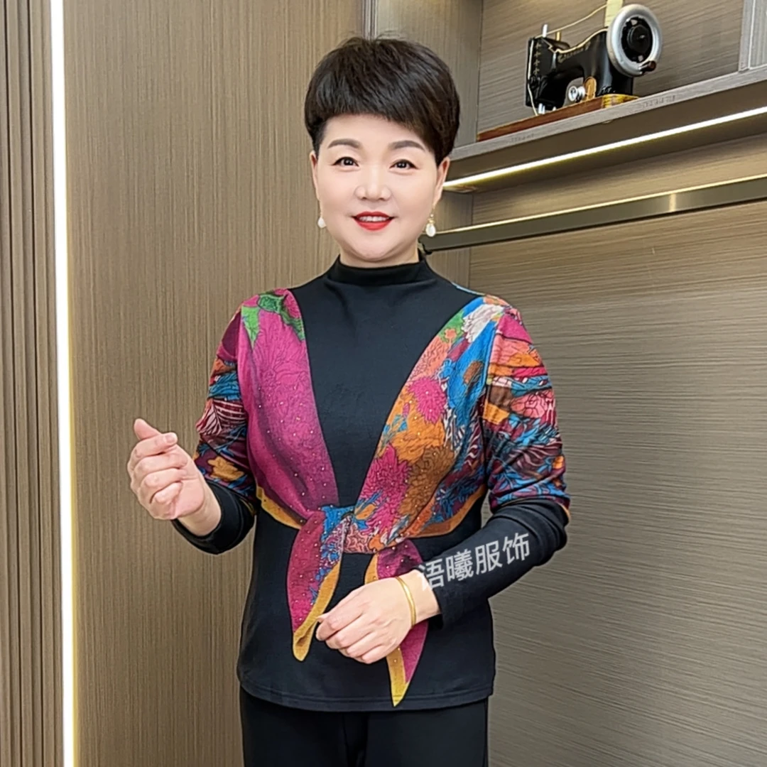 秋冬印花宽松型长袖圆领中老年女装T恤百搭显瘦打底上衣F6615