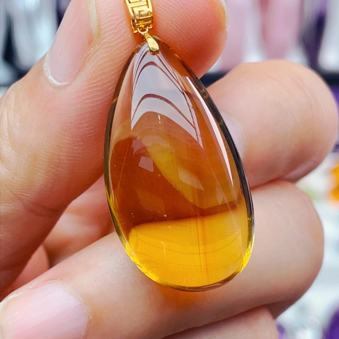 黄晶珠宝半成品18K金镶嵌天然保真黄水晶吊坠