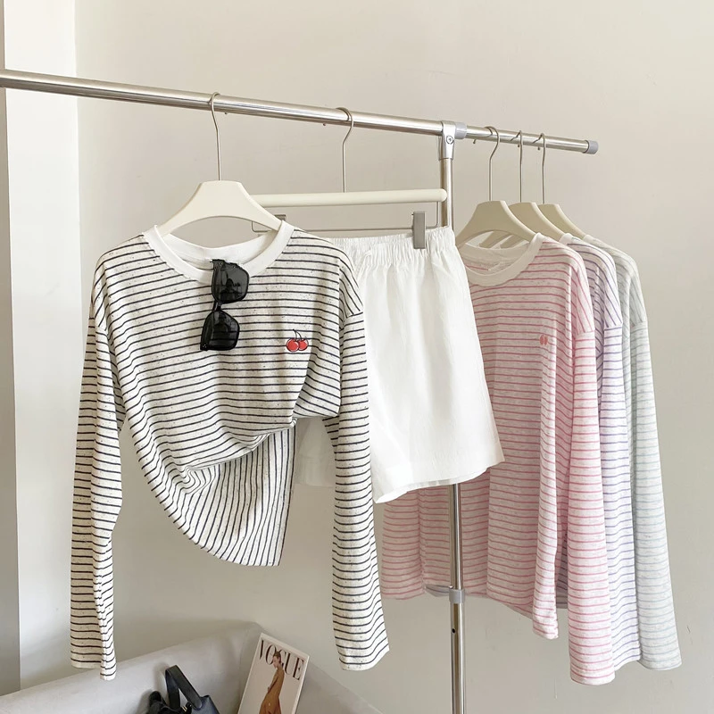 东大门【韩国单】egg条纹麻棉长袖T恤罩衫撞色雪花冰丝防晒女宽松版