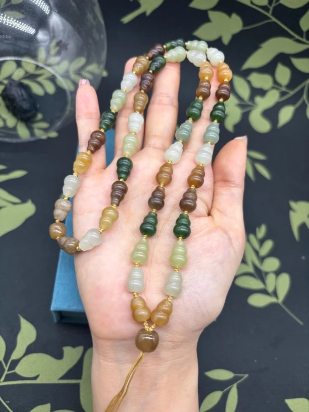 高端天然和田玉多宝色葫芦8X10mm项链玉石珠链吊坠挂件绳时尚百搭