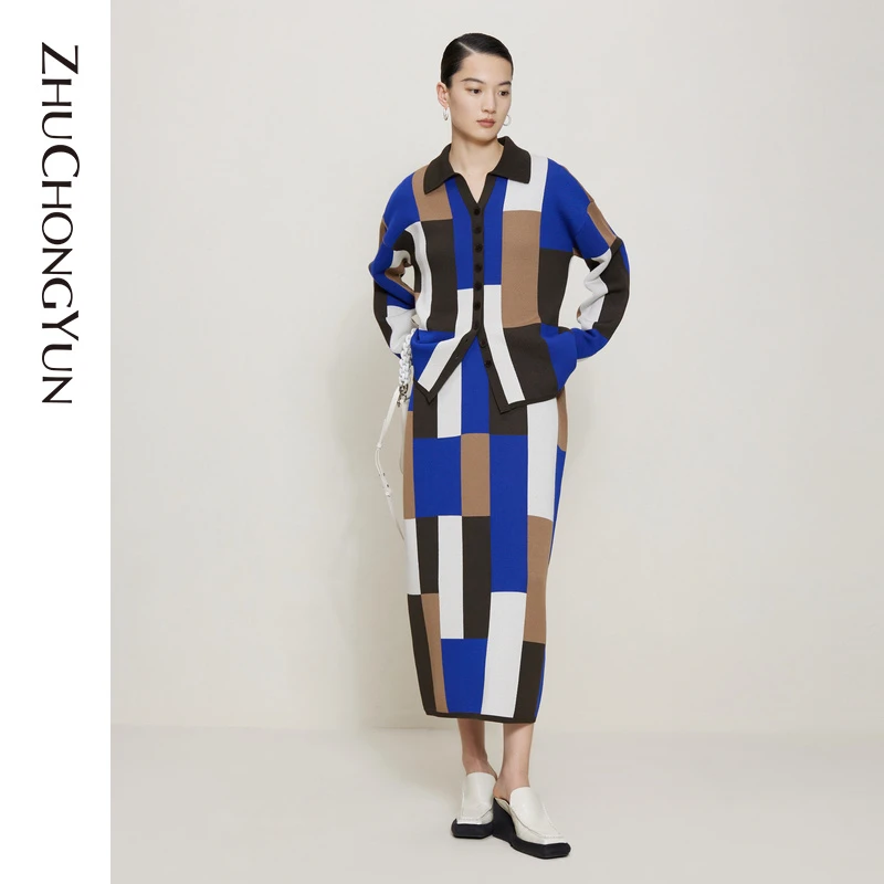 【艾钱钱精选】ZHUCHONGYUN拼色提花衬衫式翻领针织外套