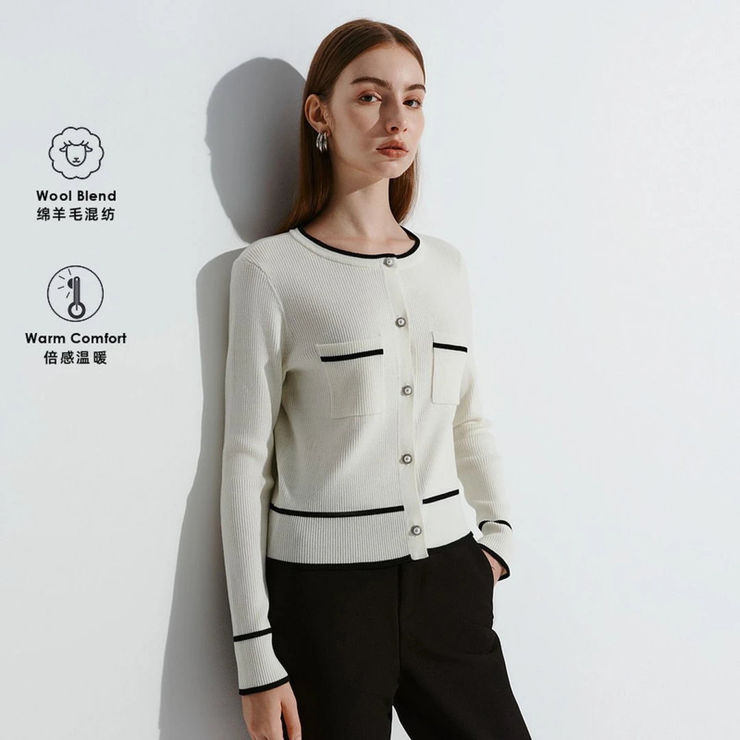 【绵羊毛混纺】G2000女装秋冬商场同款保暖珍珠纽扣针织衫
