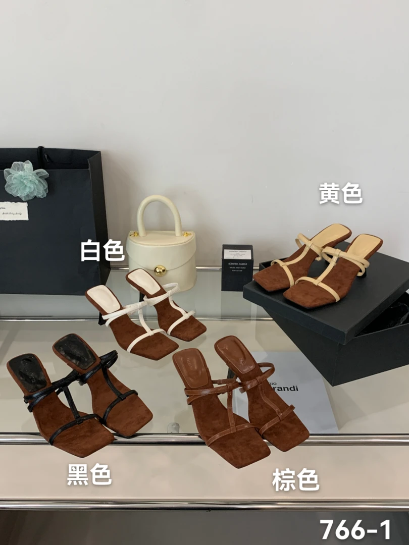 766-1防臭修面皮猫跟细跟方头一字拖包头夏季复古外穿女鞋平底