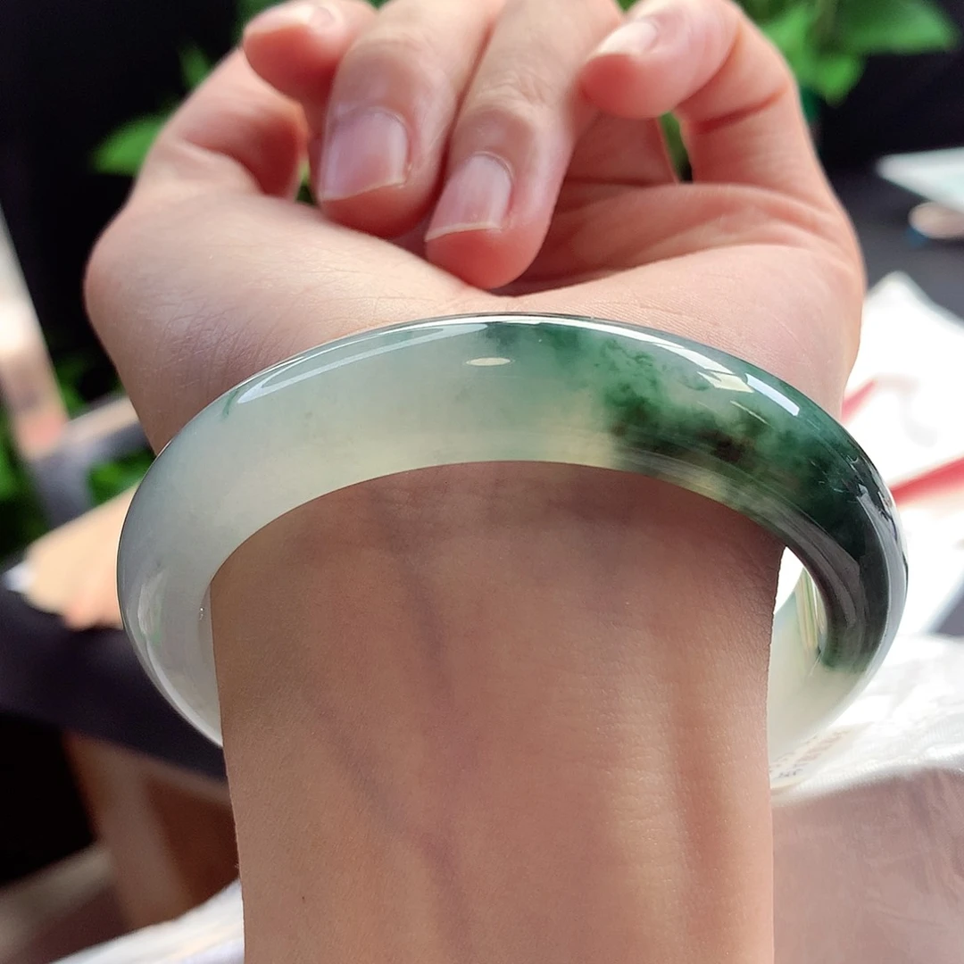 未镶嵌手镯翡翠58圈口冰冰透飘色花半山水16号
