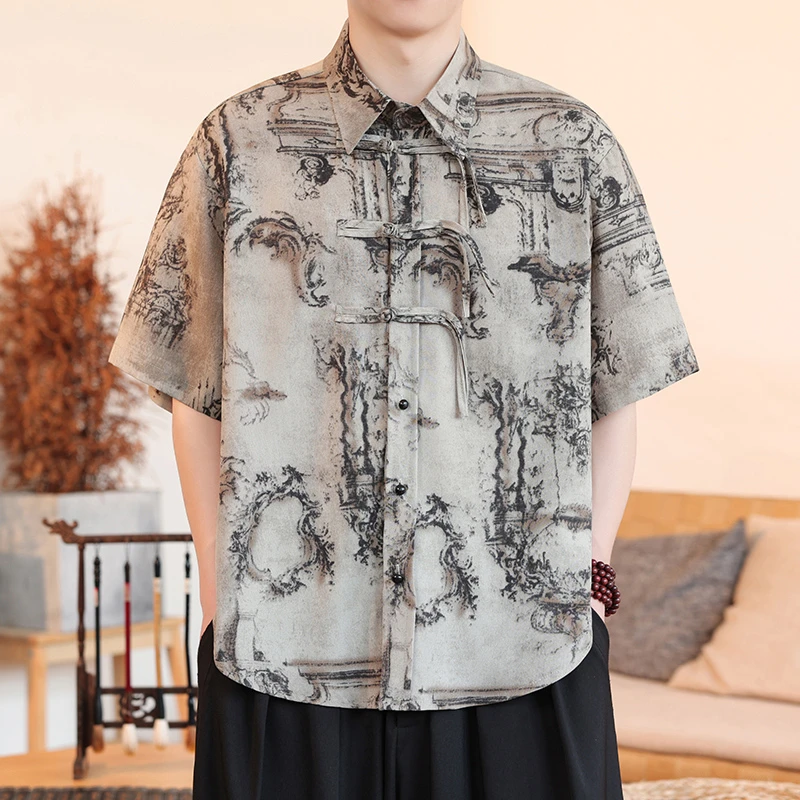 新中式盘扣唐装小众设计感冰丝短袖衬衫夏季中国风扎染印花衬衣潮