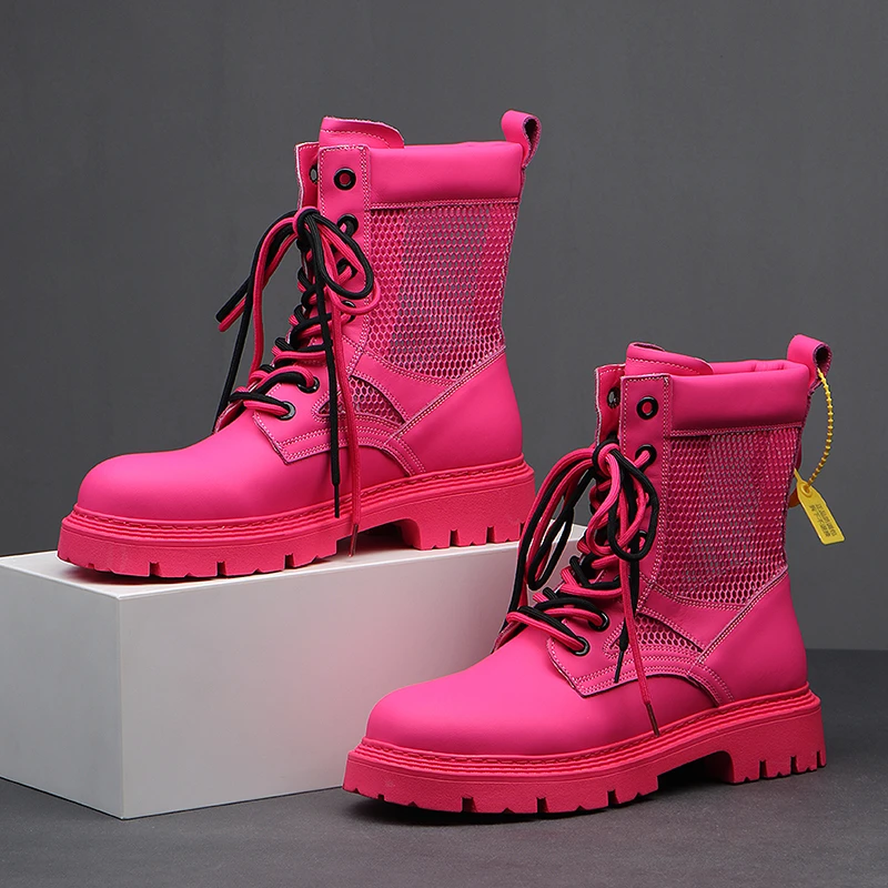 牛皮马丁靴男2025新款夏季镂空透气设计师款特色靴子玫红薄款短靴