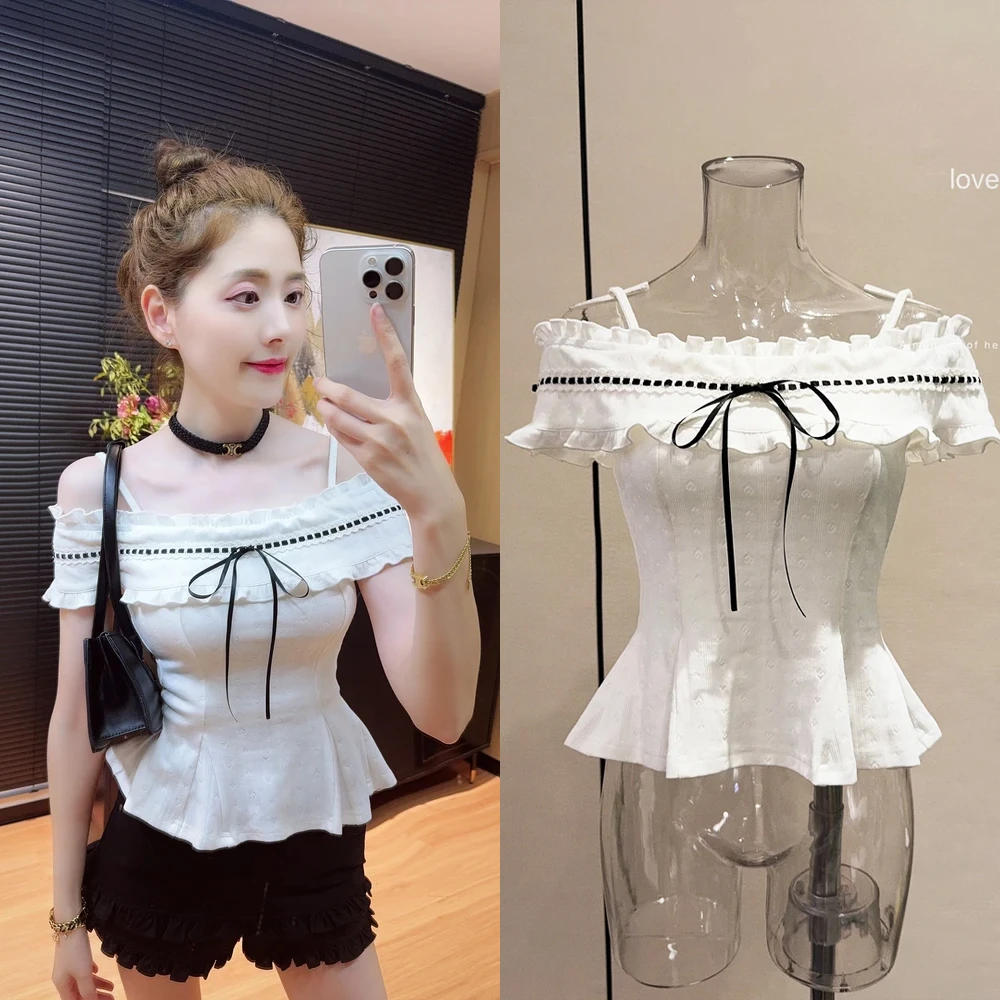 法式纯欲甜美修身一字肩上衣女设计感2025夏季新款