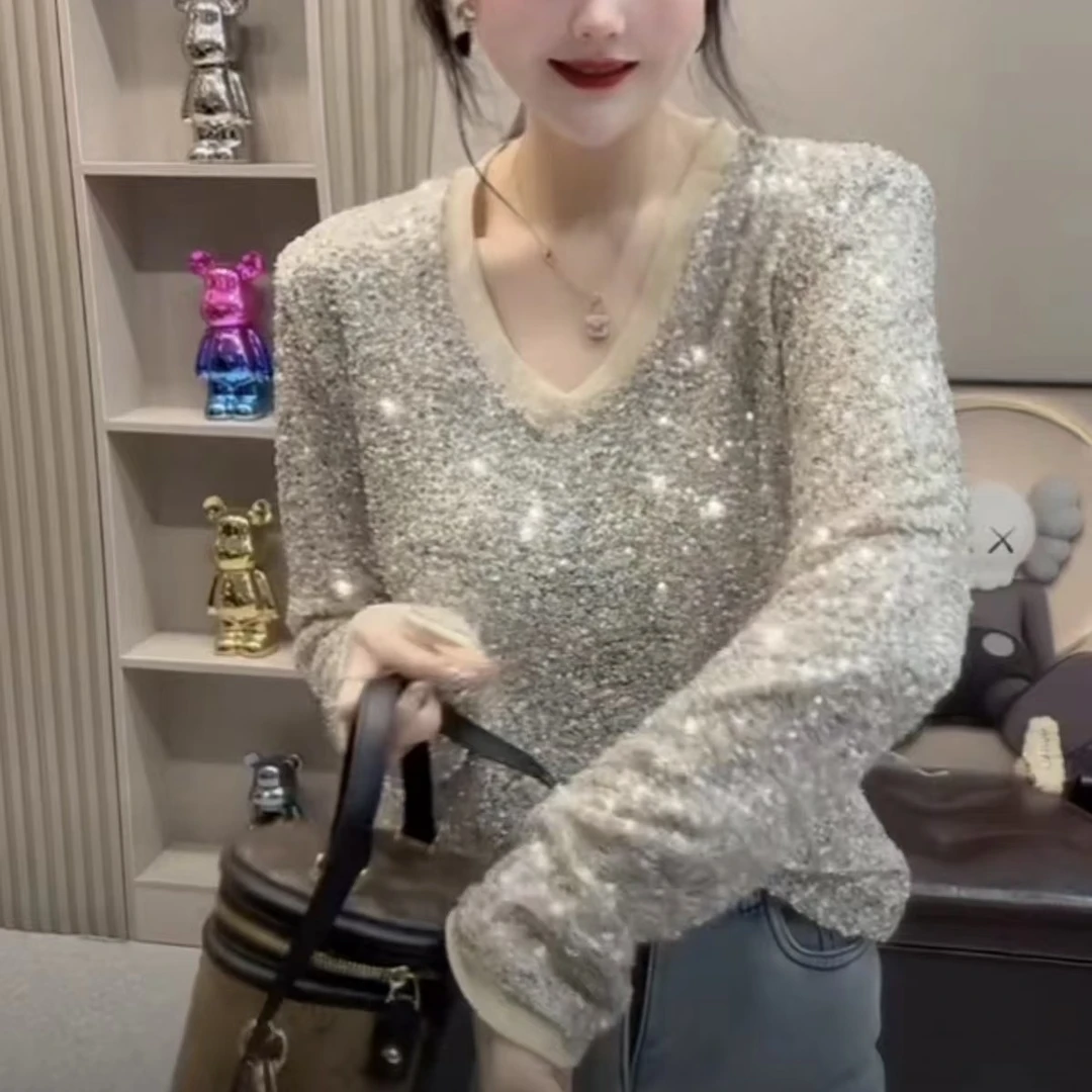 新款大码2508-1拼接闪闪亮片时尚洋气百搭V领套头上衣潮