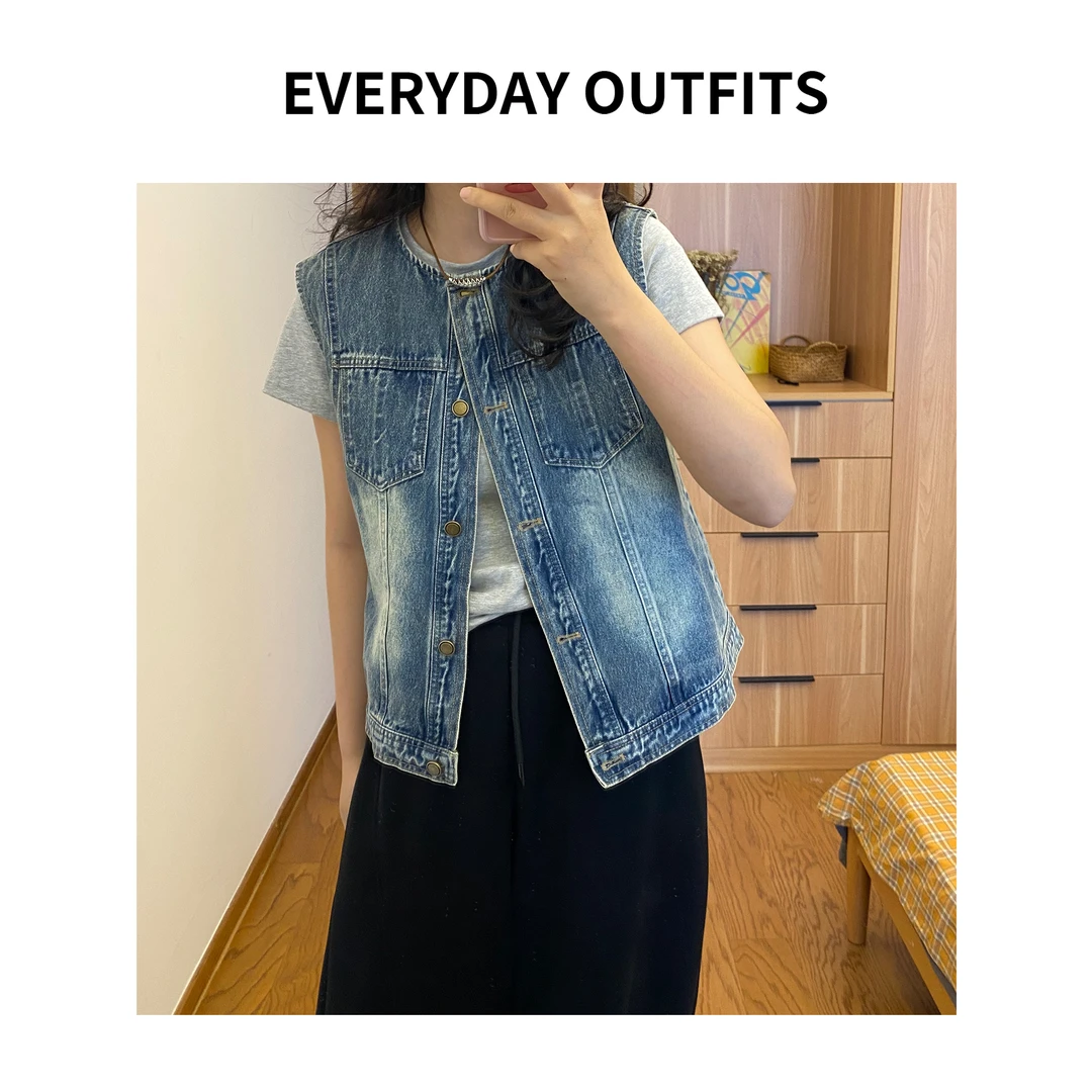 日褡 牛仔马甲5C14休闲百搭复古水洗设计感显瘦小众 82601清仓