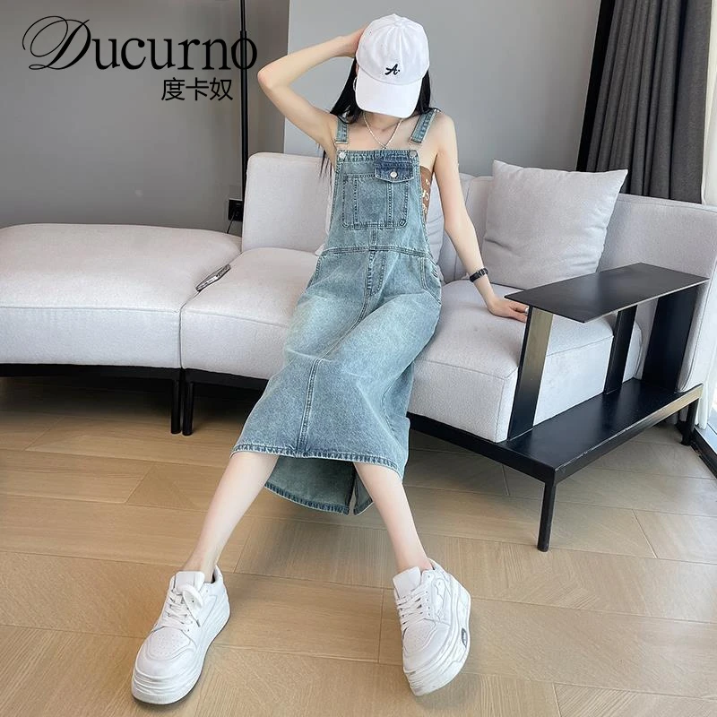减龄牛仔背带裙女夏夏夏季高腰中长款宽松显瘦复古开叉盐系连衣裙